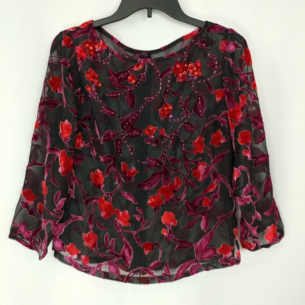 Red and Purple Sheer Floral Top with Sequins